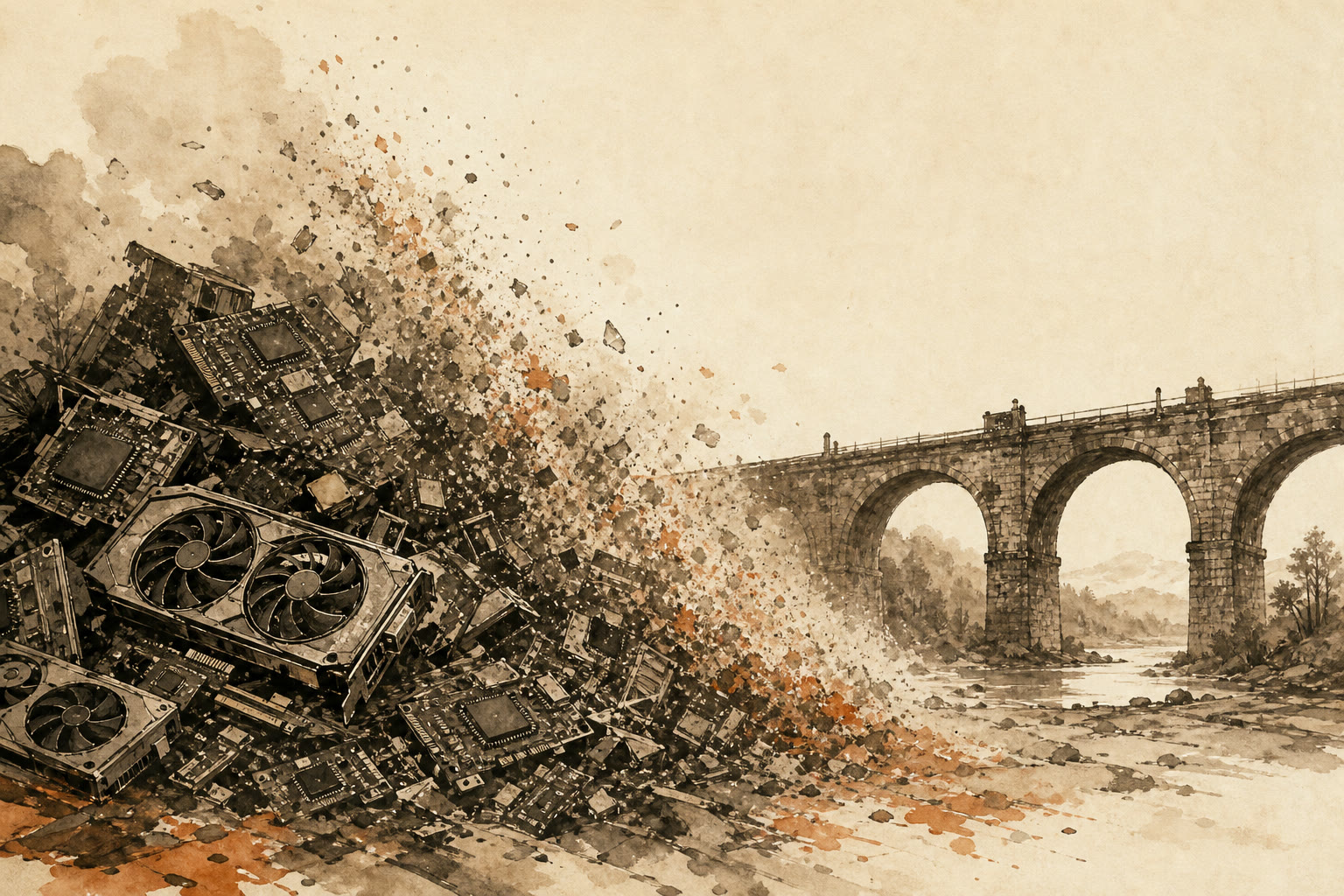 Ink-and-wash illustration: a pile of graphics cards crumbling into dust in front of an old stone railway bridge that still stands