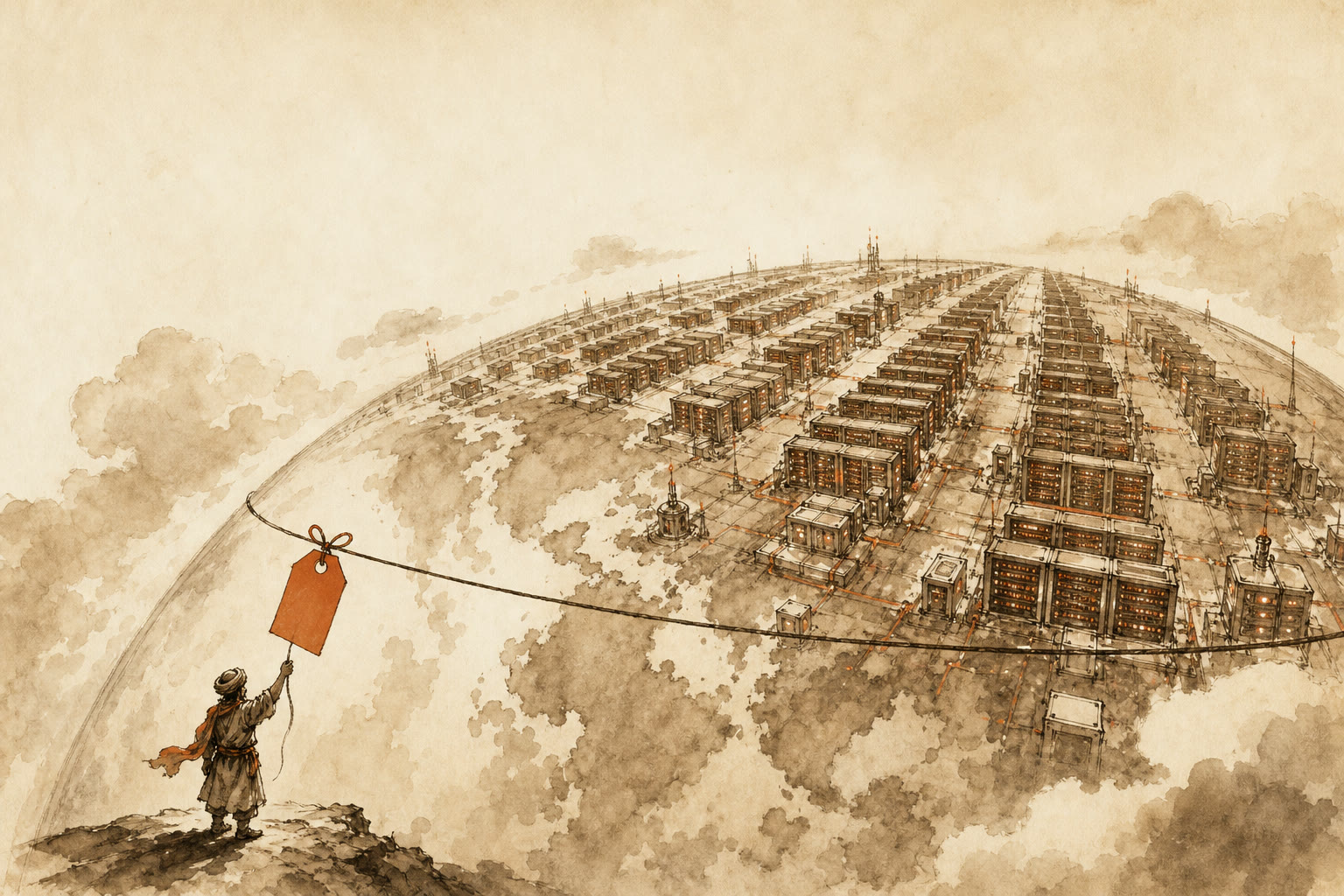 Ink-and-wash illustration: rows of data-center halls cover the curve of the Earth while a small merchant holds up a price tag tied to the whole planet