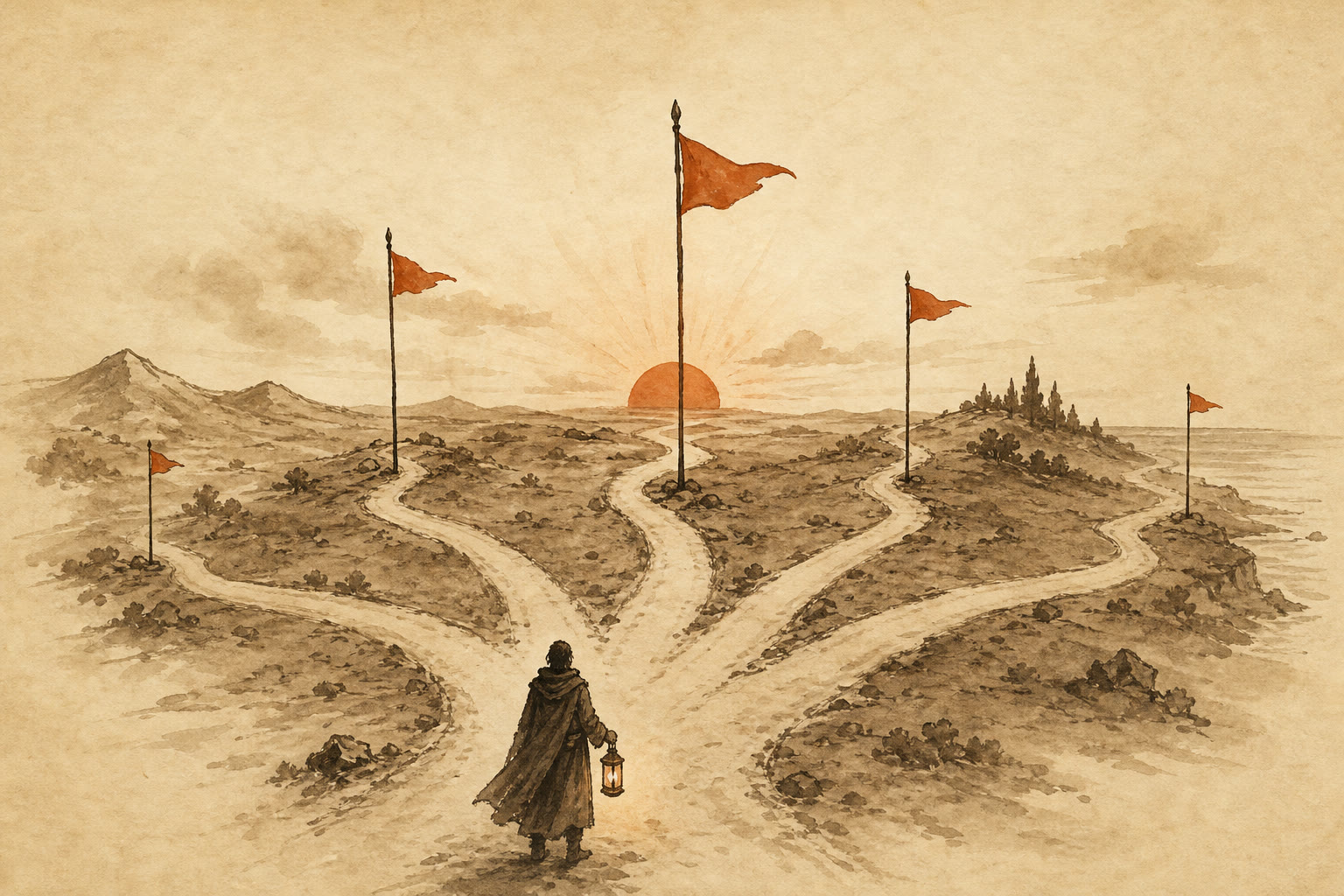 Ink-and-wash illustration: a traveler with a lantern at a fork where five paths lead to flags of different heights