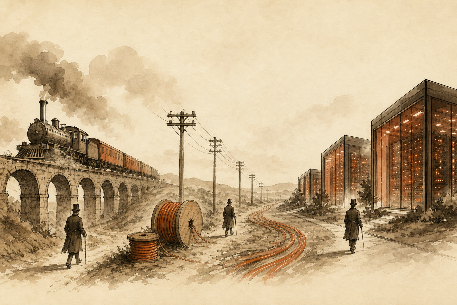 Ink-and-wash illustration: a steam railway viaduct, telegraph poles with fiber reels, and glowing data-center halls in one landscape, with the same top-hatted investor walking past each